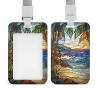 Jubonexis Stained Glass Beach Scene Blue Waves ID Badge Holder Retractable Clip Card Holder Card Protector Name Badge Name Tag for Work Office Doctor Nurse