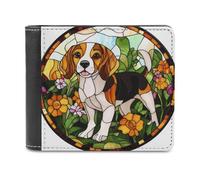 Jubonexis Stained Glass Beagle Dog Flowers Soft PU Leather Bifold Wallet, Coin Purse Credit Pass Case, Durable Card-Holder Slim Billfold for Men Woman Money Storage