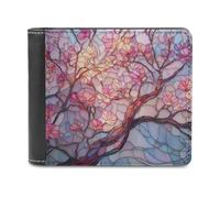 Jubonexis Stained Glass Beautiful Cherry Soft PU Leather Bifold Wallet, Coin Purse Credit Pass Case, Durable Card-Holder Slim Billfold for Men Woman Money Storage