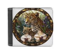 Jubonexis Stained Glass Beautiful Leopard Flowers Soft PU Leather Bifold Wallet, Coin Purse Credit Pass Case, Durable Card-Holder Slim Billfold for Men Woman Money Storage