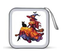 Jubonexis Stained Glass Beautiful Witch Black Cat CD Case DVD Storage Case Portable for Car Home Travel