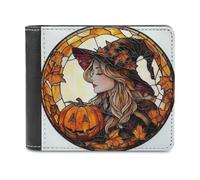 Jubonexis Stained Glass Beautiful Witch Pumpkins Soft PU Leather Bifold Wallet, Coin Purse Credit Pass Case, Durable Card-Holder Slim Billfold for Men Woman Money Storage