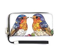 Jubonexis Stained Glass Bird Couple with Flower PU Leather Clutch Long Bifold Wallet, Coin Purse Credit Pass Case, Durable Card-Holder Money Storage for Women Men