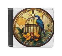 Jubonexis Stained Glass Birdcage Blue Bird Soft PU Leather Bifold Wallet, Coin Purse Credit Pass Case, Durable Card-Holder Slim Billfold for Men Woman Money Storage