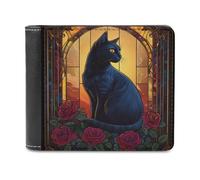 Jubonexis Stained Glass Black Cat with Red Roses Soft PU Leather Bifold Wallet, Coin Purse Credit Pass Case, Durable Card-Holder Slim Billfold for Men Woman Money Storage
