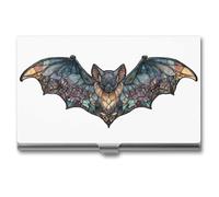 Jubonexis Stained Glass Black Flower Bat Business Card Holder, Pocket Slim Metal Business Card Case for Women Men