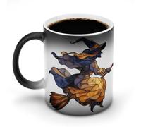 Jubonexis Stained Glass Black Witch Sitting on Broomstick Color Changing Mugs Heat Changing Ceramic Coffee Mug Novelty Funny Tea Water Cup 11OZ