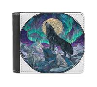 Jubonexis Stained Glass Black Wolf Mountain Peak Full Moon Soft PU Leather Bifold Wallet, Coin Purse Credit Pass Case, Durable Card-Holder Slim Billfold for Men Woman Money Storage