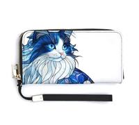 Jubonexis Stained Glass Blue Cat Flower Pattern PU Leather Clutch Long Bifold Wallet, Coin Purse Credit Pass Case, Durable Card-Holder Money Storage for Women Men