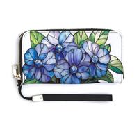 Jubonexis Stained Glass Blue Flowers Teacup PU Leather Clutch Long Bifold Wallet, Coin Purse Credit Pass Case, Durable Card-Holder Money Storage for Women Men