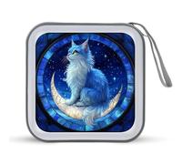 Jubonexis Stained Glass Blue White Cat Crescent Moon CD Case DVD Storage Case Portable