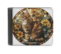 Jubonexis Stained Glass Brown Cat Yellow Flower Soft PU Leather Bifold Wallet, Coin Purse Credit Pass Case, Durable Card-Holder Slim Billfold for Men Woman Money Storage