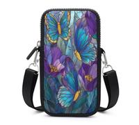 Jubonexis Stained Glass Butterflies Teal Purple Floral Crossbody Mobile Phone Bag Smartphone Bag With Adjustable Strap