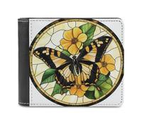 Jubonexis Stained Glass Butterfly Black Orange Soft PU Leather Bifold Wallet, Coin Purse Credit Pass Case, Durable Card-Holder Slim Billfold for Men Woman Money Storage