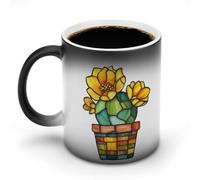 Jubonexis Stained Glass Cactus Plant with Flowers Color Changing Mugs Heat Changing Ceramic Coffee Mug Novelty Funny Tea Water Cup 11OZ