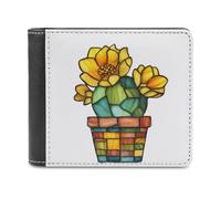 Jubonexis Stained Glass Cactus Plant with Flowers Soft PU Leather Bifold Wallet, Coin Purse Credit Pass Case, Durable Card-Holder Slim Billfold for Men Woman Money Storage