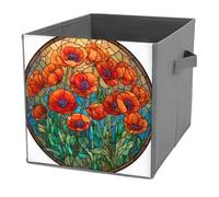Jubonexis Stained Glass Colorful Floral Oranges Poppy Flower Cube Storage Bins Storage Cubes Foldable Decorative Fabric Storage Baskets Home Organizers with Handles for Shelves,Closet, 27x27 CM