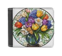Jubonexis Stained Glass Colorful Flowers in Vase Soft PU Leather Bifold Wallet, Coin Purse Credit Pass Case, Durable Card-Holder Slim Billfold for Men Woman Money Storage