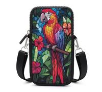 Jubonexis Stained Glass Colorful Parrot Tropical Flowers Crossbody Mobile Phone Bag Smartphone Bag With Adjustable Strap