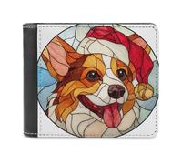 Jubonexis Stained Glass Corgi Wearing Christmas Hat Soft PU Leather Bifold Wallet, Coin Purse Credit Pass Case, Durable Card-Holder Slim Billfold for Men Woman Money Storage