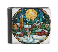 Jubonexis Stained Glass Cozy Winter Village at Night Soft PU Leather Bifold Wallet, Coin Purse Credit Pass Case, Durable Card-Holder Slim Billfold for Men Woman Money Storage