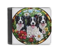 Jubonexis Stained Glass Cute Border Collies Dog Soft PU Leather Bifold Wallet, Coin Purse Credit Pass Case, Durable Card-Holder Slim Billfold for Men Woman Money Storage