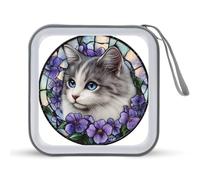 Jubonexis Stained Glass Cute Cat Purple Flowers CD Case DVD Storage Case Portable