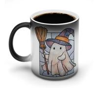 Jubonexis Stained Glass Cute Ghost Holding Old Broom Color Changing Mugs Heat Changing Ceramic Coffee Mug Novelty Funny Tea Water Cup 11OZ