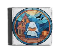 Jubonexis Stained Glass Cute Ghost Reading A Book Soft PU Leather Bifold Wallet, Coin Purse Credit Pass Case, Durable Card-Holder Slim Billfold for Men Woman Money Storage