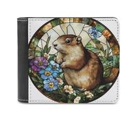 Jubonexis Stained Glass Cute Groundhog Flower Soft PU Leather Bifold Wallet, Coin Purse Credit Pass Case, Durable Card-Holder Slim Billfold for Men Woman Money Storage