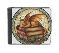 Jubonexis Stained Glass Cute Sleeping Dragon Ancient Books Soft PU Leather Bifold Wallet, Coin Purse Credit Pass Case, Durable Card-Holder Slim Billfold for Men Woman Money Storage