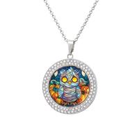 Jubonexis Stained Glass Cute Spooky Chicken Mummy Round Pendant Necklace Silver Jewelry for Women