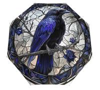 Jubonexis Stained Glass Dark Blue Raven Gothic Folding Umbrella 3 Folds Auto Windproof Travel Umbrellas Strong Lightweight Umbrellas for Outdoor Sun & Rain