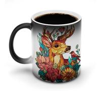 Jubonexis Stained Glass Deer Flowers Bird Color Changing Mugs Heat Changing Ceramic Coffee Mug Novelty Funny Tea Water Cup 11OZ