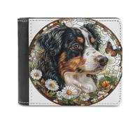 Jubonexis Stained Glass Dog White Flower Soft PU Leather Bifold Wallet, Coin Purse Credit Pass Case, Durable Card-Holder Slim Billfold for Men Woman Money Storage