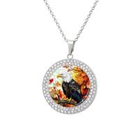 Jubonexis Stained Glass Eagle Autumn Leaves Round Pendant Necklace Silver Jewelry for Women