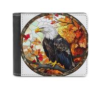 Jubonexis Stained Glass Eagle Autumn Leaves Soft PU Leather Bifold Wallet, Coin Purse Credit Pass Case, Durable Card-Holder Slim Billfold for Men Woman Money Storage