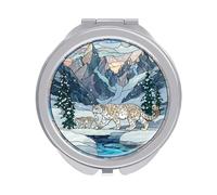 Jubonexis Stained Glass Fantasy Majestic Snow Leopard Women Pocket Mirrors, Girls Small Portable Travel Makeup Mini Mirror