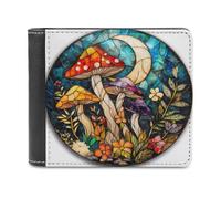 Jubonexis Stained Glass Fantasy Mushrooms Crescent Moon Soft PU Leather Bifold Wallet, Coin Purse Credit Pass Case, Durable Card-Holder Slim Billfold for Men Woman Money Storage