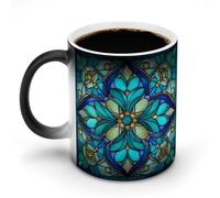 Jubonexis Stained Glass Floral Mandalas Blue Color Changing Mugs Heat Changing Ceramic Coffee Mug Novelty Funny Tea Water Cup 11OZ