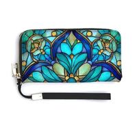 Jubonexis Stained Glass Floral Mandalas Blue PU Leather Clutch Long Bifold Wallet, Coin Purse Credit Pass Case, Durable Card-Holder Money Storage for Women Men