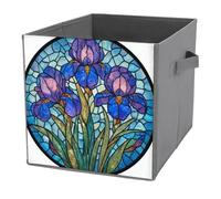 Jubonexis Stained Glass Floral Motif Three Iris Flowers Cube Storage Bins Storage Cubes Foldable Decorative Fabric Storage Baskets Home Organizers with Handles for Shelves,Closet, 27x27 CM