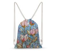 Jubonexis Stained Glass Flowers in Pastel Blue Pink Gold Drawstring Backpack Canvas String Bag Lightweight Sports Gym Bag for Men Women