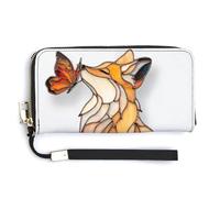 Jubonexis Stained Glass Fox with A Butterfly PU Leather Clutch Long Bifold Wallet, Coin Purse Credit Pass Case, Durable Card-Holder Money Storage for Women Men