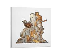 Jubonexis Stained Glass Ghost Reading Book with Cat Canvas Wall Art Poster Painting Aesthetic Picture for Living Room Farmhouse Decor Unframed 16x16inch(40x40cm)