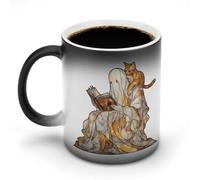 Jubonexis Stained Glass Ghost Reading Book with Cat Color Changing Mugs Heat Changing Ceramic Coffee Mug Novelty Funny Tea Water Cup 11OZ