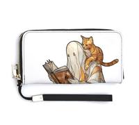 Jubonexis Stained Glass Ghost Reading Book with Cat PU Leather Clutch Long Bifold Wallet, Coin Purse Credit Pass Case, Durable Card-Holder Money Storage for Women Men