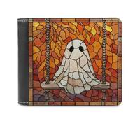 Jubonexis Stained Glass Ghost Sitting on The Swing Soft PU Leather Bifold Wallet, Coin Purse Credit Pass Case, Durable Card-Holder Slim Billfold for Men Woman Money Storage