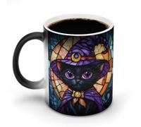 Jubonexis Stained Glass Halloween Black Cat Color Changing Mugs Heat Changing Ceramic Coffee Mug Novelty Funny Tea Water Cup 11OZ