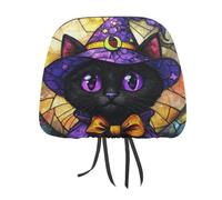 Jubonexis Stained Glass Halloween Black Cat Printed Car Headrest Cover,2 Pieces, Elastic Comfort Head Rest Cover for Women Men, Universal Fits Most Cars Van SUV Truck, Car Interior Decor Accessories